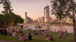 Brisbane skyline from Southbank. \ Newsreel