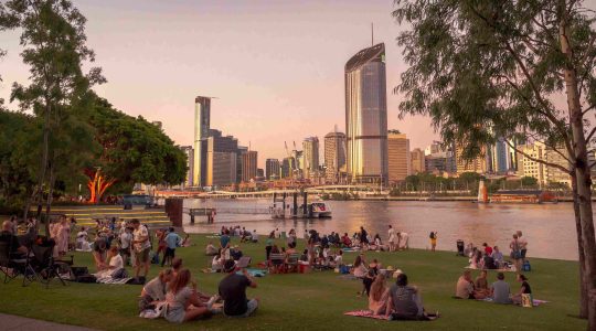 Brisbane skyline from Southbank. \ Newsreel