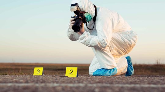 Forensic scientist taking photos at crime scene. | Newsreel