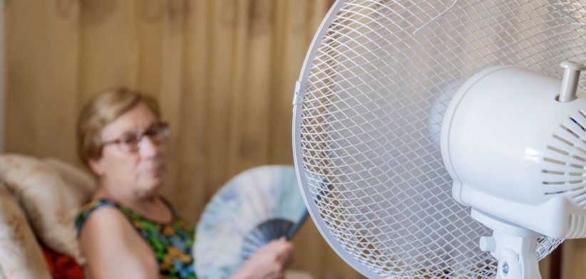 Elderly lady with electric fan. | Newsreel
