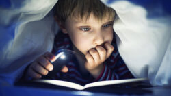 Boy reading book under bed covers. | Newsreel