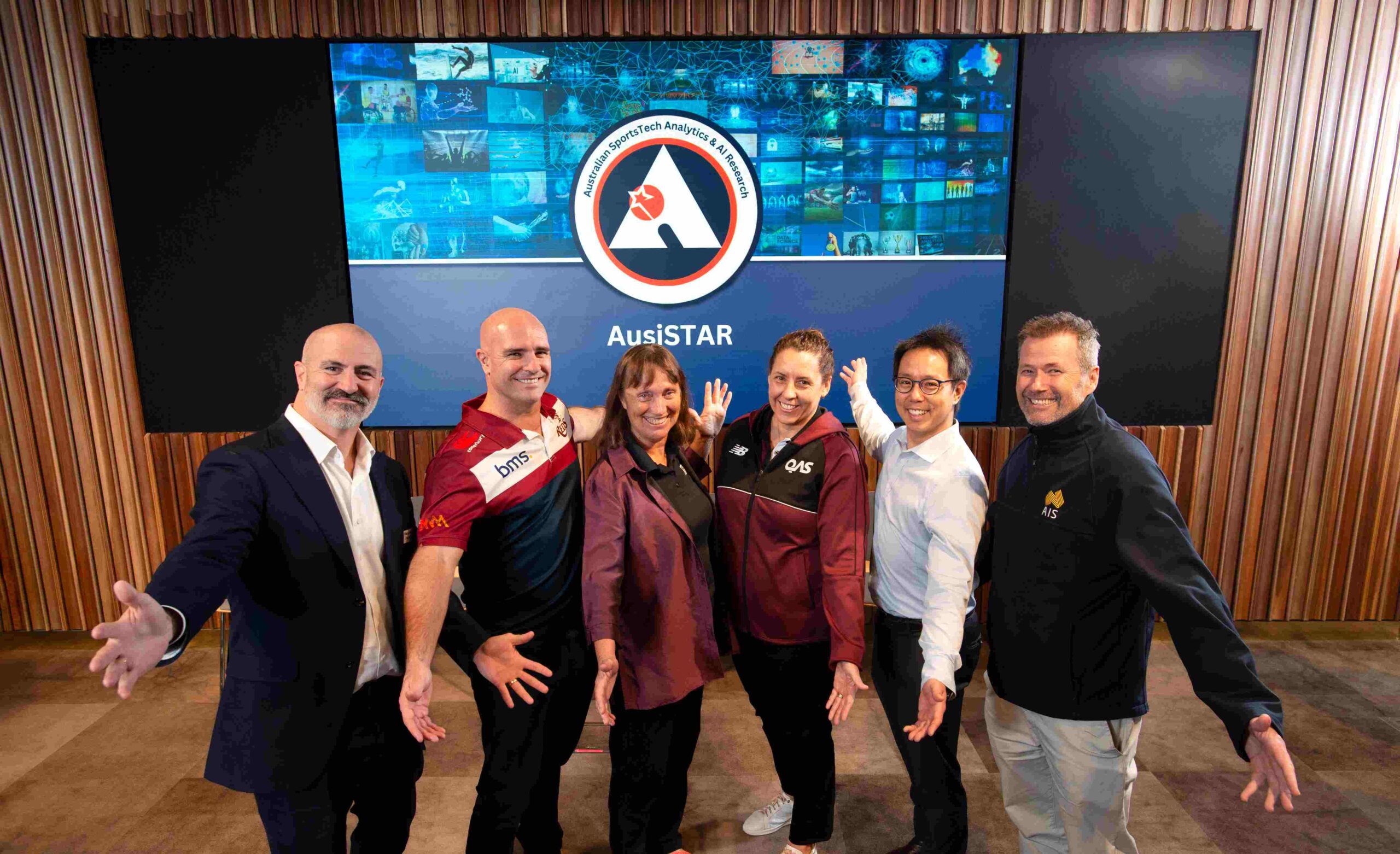 Malcolm Watts (CEO Brisbane Bullets), Sam Cordingley (General Manager, Professional Rugby, Queensland Reds), Distinguished Professor Kerrie Mengersen (AusiSTAR Director, QUT), Dr Megan Shephard (Research Partnerships Manager, QAS), Associate Professor Paul Wu (AusiSTAR, QUT) and Tim Kelly, (AIS Manager, Research & Innovation) | Newsreel