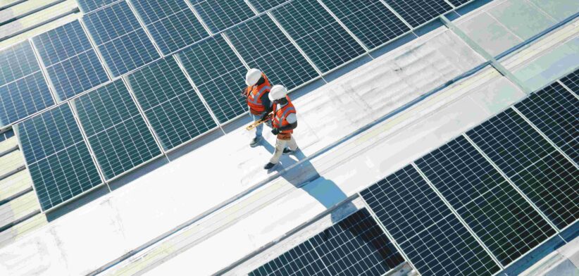 Men walking on roof with solar panels. | Newsreel