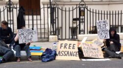 Julian Assange supporters opposite the Embassy of Ecuador in London. | Newsreel