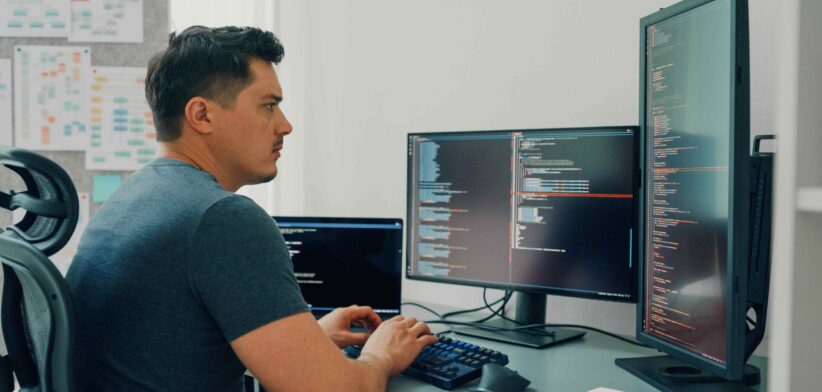 Man at computer with multiple screens. | Newsreel