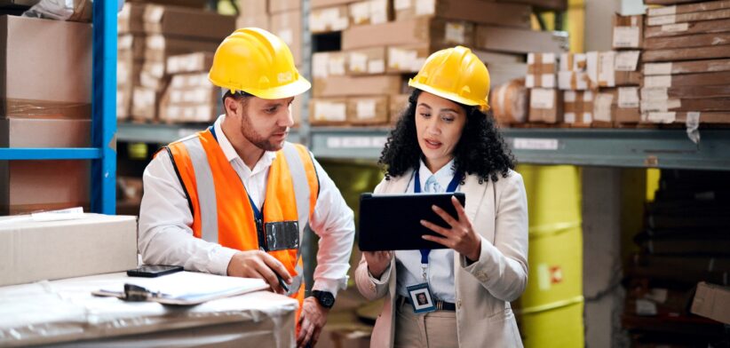 Man and woman in warehouse. | Newsreel