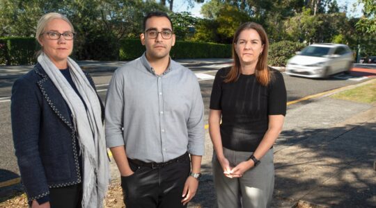 QUT PhD student Sina Rejali, centre, with CARRS-Q researchers Dr Natalie Watson Brown, left, and Dr Sherrie-Anne Kaye. | Newsreel