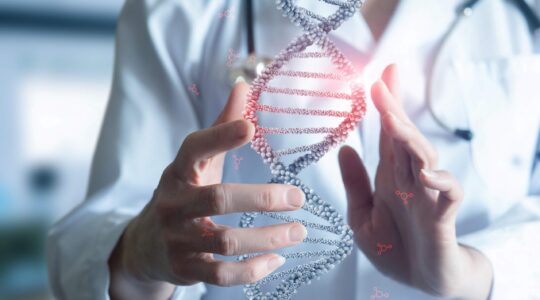 Researcher and image of DNA string