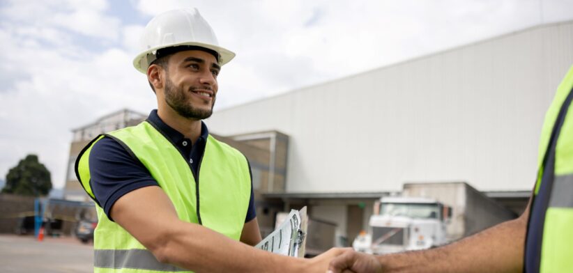 Men shaking hands on work site. | Newsreel