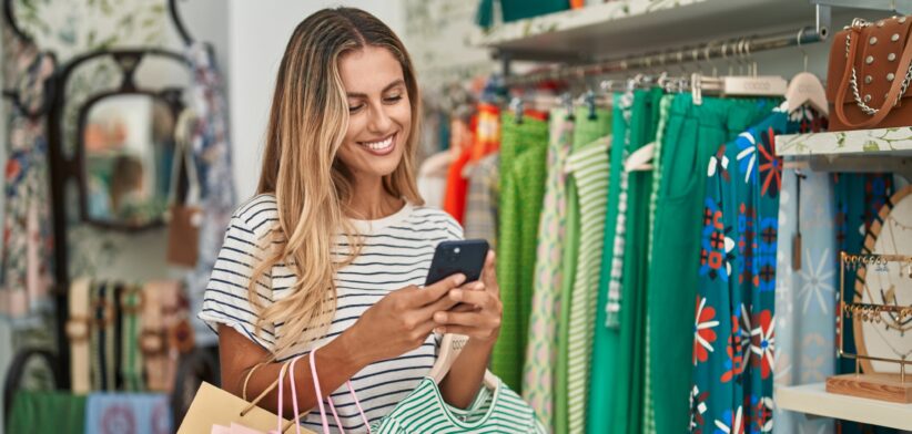 Woman in clothing shop on phone. | Newsreel