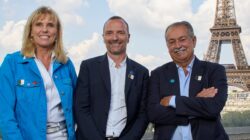 Brisbane 2032 CEO Cindy Hook and incoming Brisbane 2032 Chief Commercial Officer Francois-Xavier Bonnaillie with Brisbane 2032 President Andrew Liveris. | Newsreel