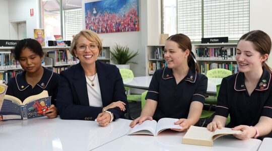 Mary MacKillop College Nundah principal Erin Wedge and students.