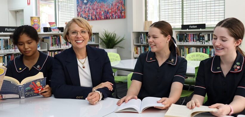 Mary MacKillop College Nundah principal Erin Wedge and students.