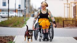 Woman in wheelchair taking dog for a walk. | Newsreel