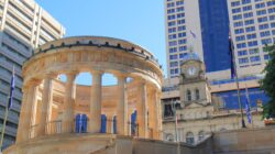 Anzac Square in Brisbane with Central Station in the background.