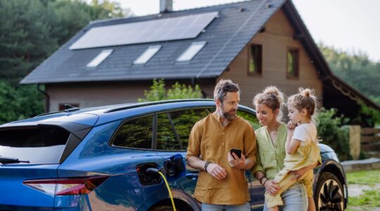 Family with electric car and solar panels on home. | Newsreel