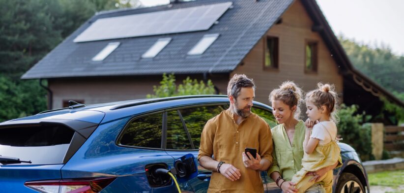 Family with electric car and solar panels on home. | Newsreel