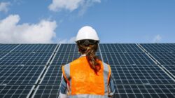 Worker looking at solar panels. | Newsreel