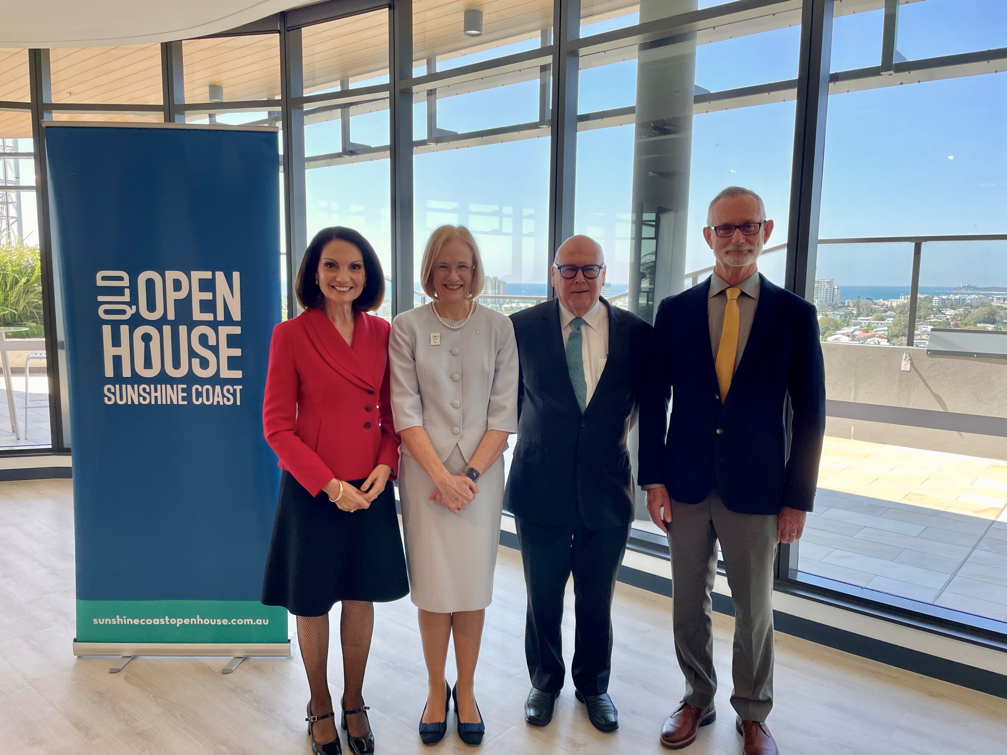 From left, Sunshine Coast Mayor Rosanna Natoli, Queensland Governor, Her Excellency the Honourable Dr Jeannette Young AC PSM, Sunshine Coast Open House Ambassador Noel Robinson and Sunshine Coast Open House Chair Ian Diamond.