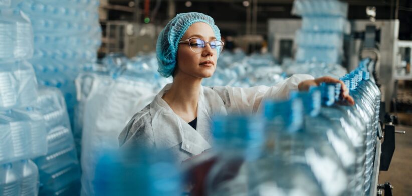 Woman on plastic bottle production line. | Newsreel