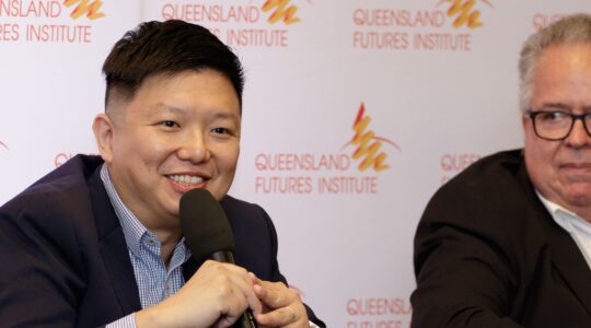 Professor Ryan Ko and Bruce Irwin at the QFI cybersecurity forum today - Newsreel