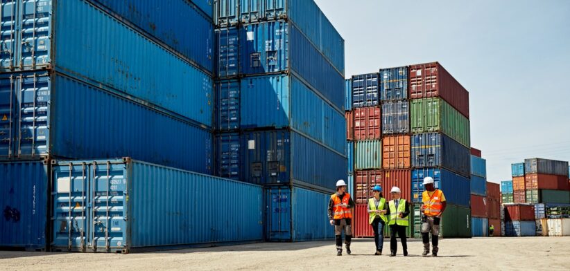 Workers at port with shipping containers. | Newsreel