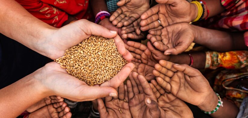 Hungry hands waiting for grain. | Newsreel