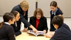 Mt Maria College Petrie principal Kerry Maher and students.