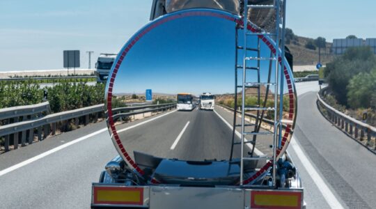 View travelling behind tanker truck. | Newsreel