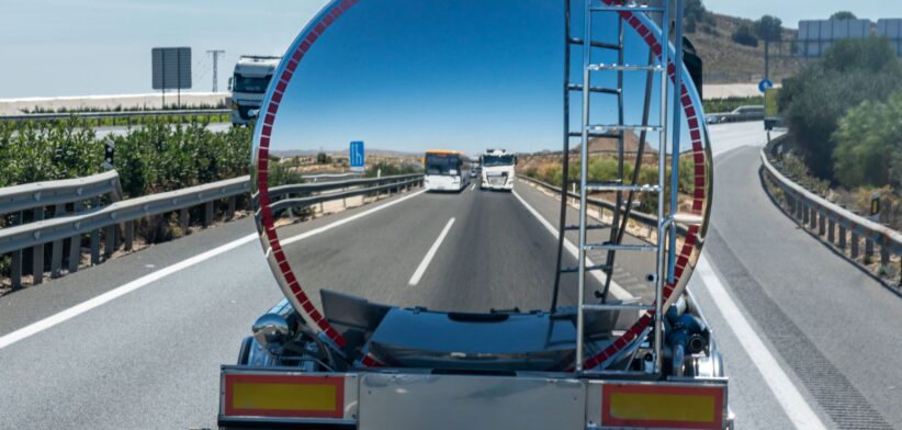 View travelling behind tanker truck. | Newsreel