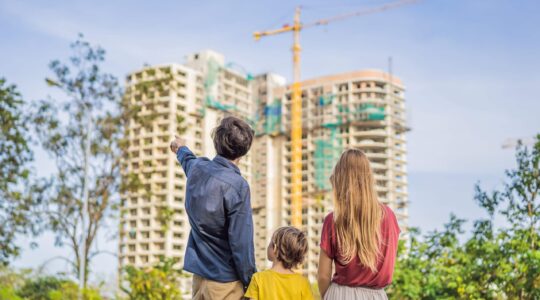 Family looking at apartment construction.