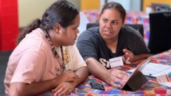 Shanisha Harris doing the Digital Gap survey with Shalarna Thorpe in Wilcannia, New South Wales.