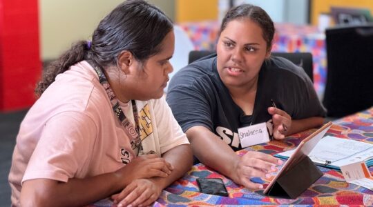 Shanisha Harris doing the Digital Gap survey with Shalarna Thorpe in Wilcannia, New South Wales.