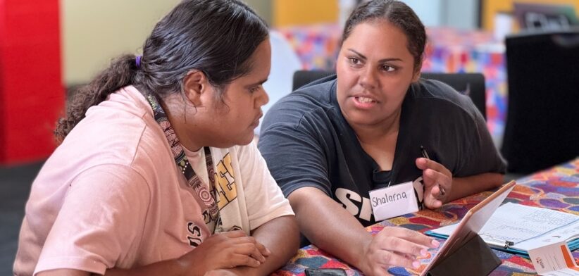 Shanisha Harris doing the Digital Gap survey with Shalarna Thorpe in Wilcannia, New South Wales.