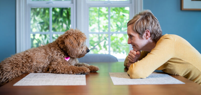 Woman and Her dog At the Table