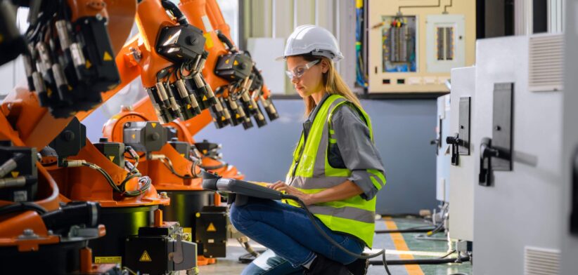 Woman with robots in factory. | Newsreel