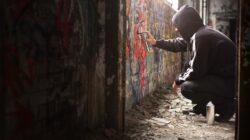 Young person spraying graffiti. | Newsreel