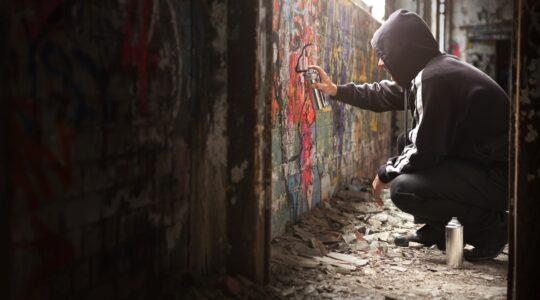 Young person spraying graffiti. | Newsreel