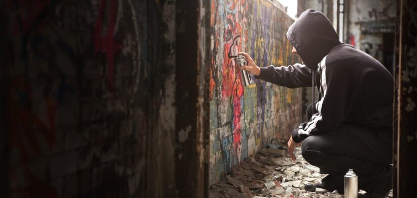 Young person spraying graffiti. | Newsreel