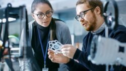 Scientists looking at prototype. | Newsreel