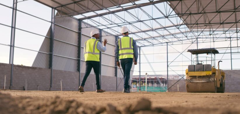 Builders looking at warehouse construction. | Newsreel