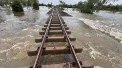 Flooded rail line. \ Newsreel