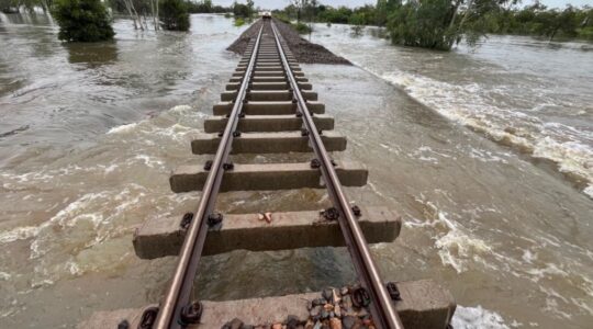 Flooded rail line. \ Newsreel