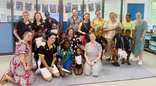 St Finbarr’s School, Ashgrove Principal Catherine Connors (centre) visits Our Lady of the Sacred Heart (Cairns Diocese)