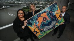 Brisbane 2032 RAP artwork with artist Elaine Chambers-Hegarty, Cindy Hook and Andrew Liveris. | Newsreel
