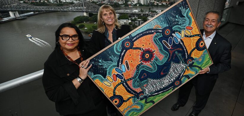 Brisbane 2032 RAP artwork with artist Elaine Chambers-Hegarty, Cindy Hook and Andrew Liveris. | Newsreel