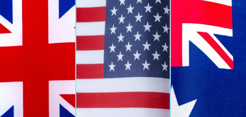 United Kingdom, United States and Australian flags.