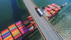 Cargo ship and truck. \ Newsreel