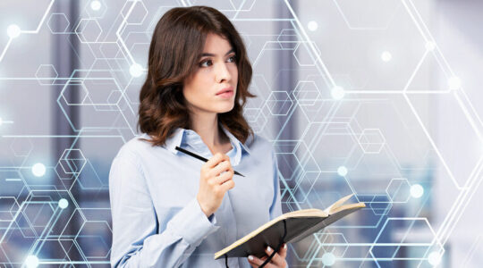 Woman with notebook in office, AI brain