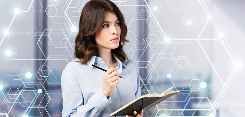 Woman with notebook in office, AI brain